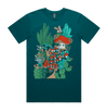 An Aquamarine color T-shirt with a picture of A colorful town nestled between the desert landscape consisting of little houses made out of mushrooms cactus and various windblown garbage. 