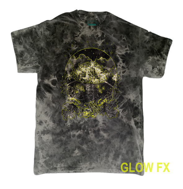 the glow in the dark layer on the Black and white Mushroom with starry sky and other various fungus and natural elements on a silver crystal wash T-shirt