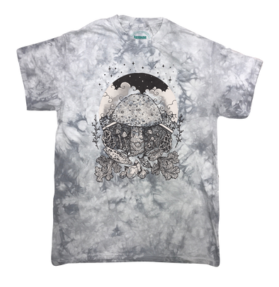 Black and white Mushroom with starry sky and other various fungus and natural elements on a silver crystal wash T-shirt