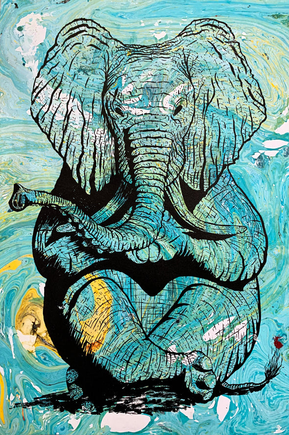 Zen Elephant poster Design by Yeah Right blue swirl black