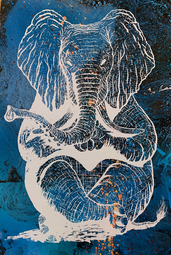 Zen Elephant poster Design by Yeah Right white blue black