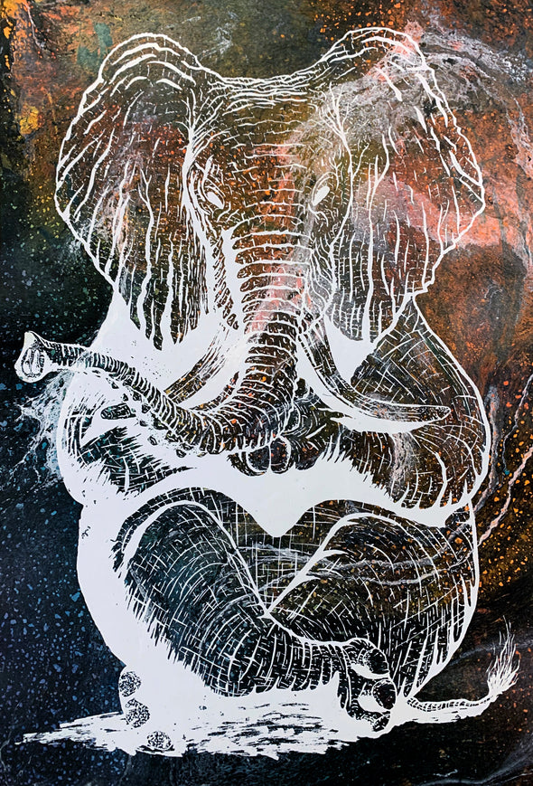 Zen Elephant poster Design by Yeah Right white orange blue